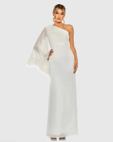 Feather Cuff One Shoulder Ruched Gown